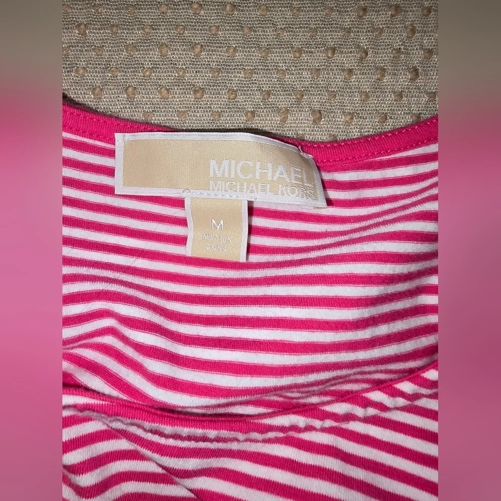 Michael Michael Kors Women's Md Top Striped Pink White Cold Shoulder Sleeve Logo